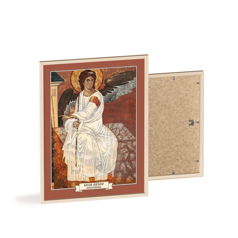 El Ángel Blanco de Mileševa, fresco enmarcado, Beli Anđeo, arte mural ortodoxo serbio, marco de madera natural, listo para colgar. imagen 2