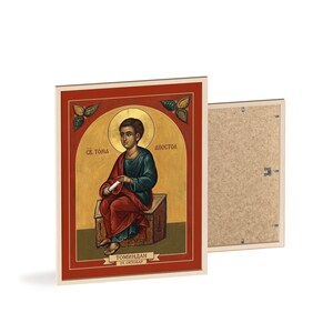 Icono ortodoxo enmarcado de Sveti apostol Toma (Tomindan), marco de madera natural, arte mural de santo serbio, listo para colgar. imagen 2
