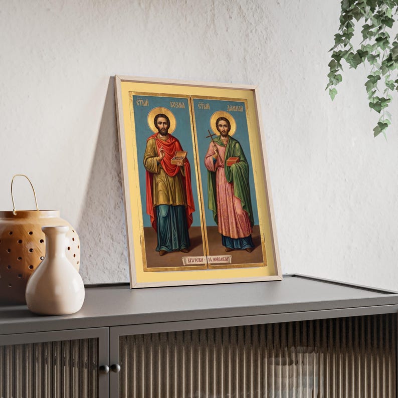 Sveti Vrači Kozma i Damjan (Vračevi) Framed Orthodox Icon, Natural Wood Frame, Serbian Saint Wall Art, Ready to Hang image 3