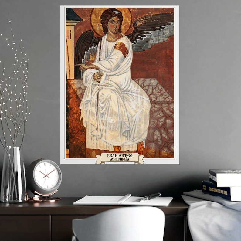 Affiche de l'Ange Blanc de Mileševa, reproduction d'une fresque orthodoxe serbe (Beli Anđeo), ange du XIIIe siècle, finition mate. image 2