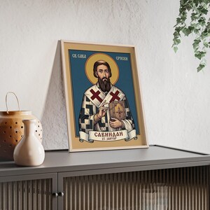Sveti Sava Framed Orthodox Icon, Natural Wood Frame, Serbian Saint Wall Art, Ready to Hang image 3