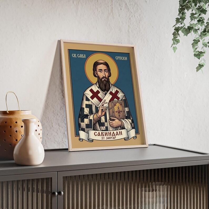 Sveti Sava Framed Orthodox Icon, Natural Wood Frame, Serbian Saint Wall Art, Ready to Hang image 3