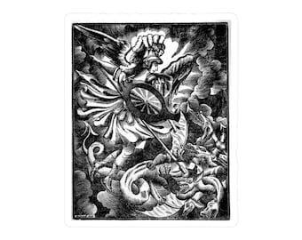 Seven-Headed Dragon Sticker, Archangel Michael 1803 Woodcut, Serbian Aždaja Folk Engraving, Occult Die-Cut Vinyl Decal