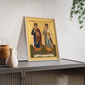 Sveti Sergije i Vakho (Srđevdan) Framed Orthodox Icon, Natural Wood Frame, Serbian Saint Wall Art, Ready to Hang image 3