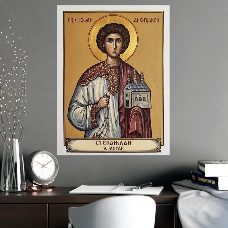 Sveti Stefan Arhiđakon Orthodox Icon Poster, Sint Stefanus de Eerste Martelaar, Servische Heilige Matte Kunstprint, Pravoslavna Ikona, Muurdecoratie afbeelding 2