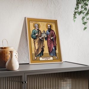 Sveti Petar i Pavle Framed Orthodox Icon, Natural Wood Frame, Serbian Saint Wall Art, Ready to Hang Bild 3