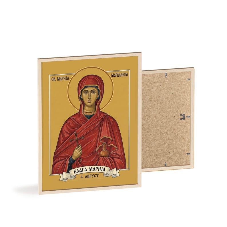Ingelijste orthodoxe icoon van Blaga Marija (Sveta Marija Magdalena), lijst van natuurlijk hout, Servische heilige muurdecoratie, klaar om op te hangen. afbeelding 2