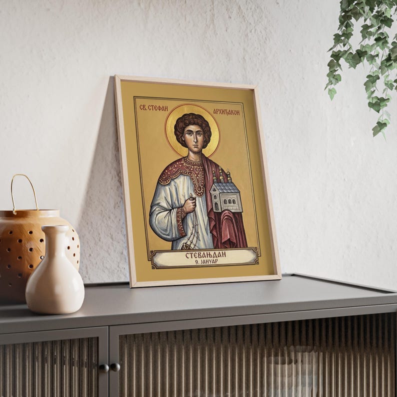 Sveti arhiđakon Stefan Framed Orthodox Icon, Natural Wood Frame, Serbian Saint Wall Art, Ready to Hang Bild 3