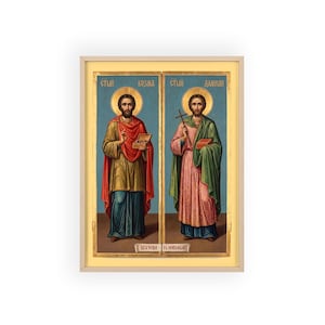Sveti Vrači Kozma i Damjan (Vračevi) Framed Orthodox Icon, Natural Wood Frame, Serbian Saint Wall Art, Ready to Hang image 1