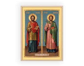 Sveti Vrači Kozma i Damjan (Vračevi) Icono ortodoxo enmarcado, marco de madera natural, arte de la pared del santo serbio, listo para colgar