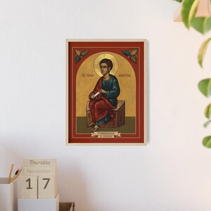 Icono ortodoxo enmarcado de Sveti apostol Toma (Tomindan), marco de madera natural, arte mural de santo serbio, listo para colgar. imagen 4