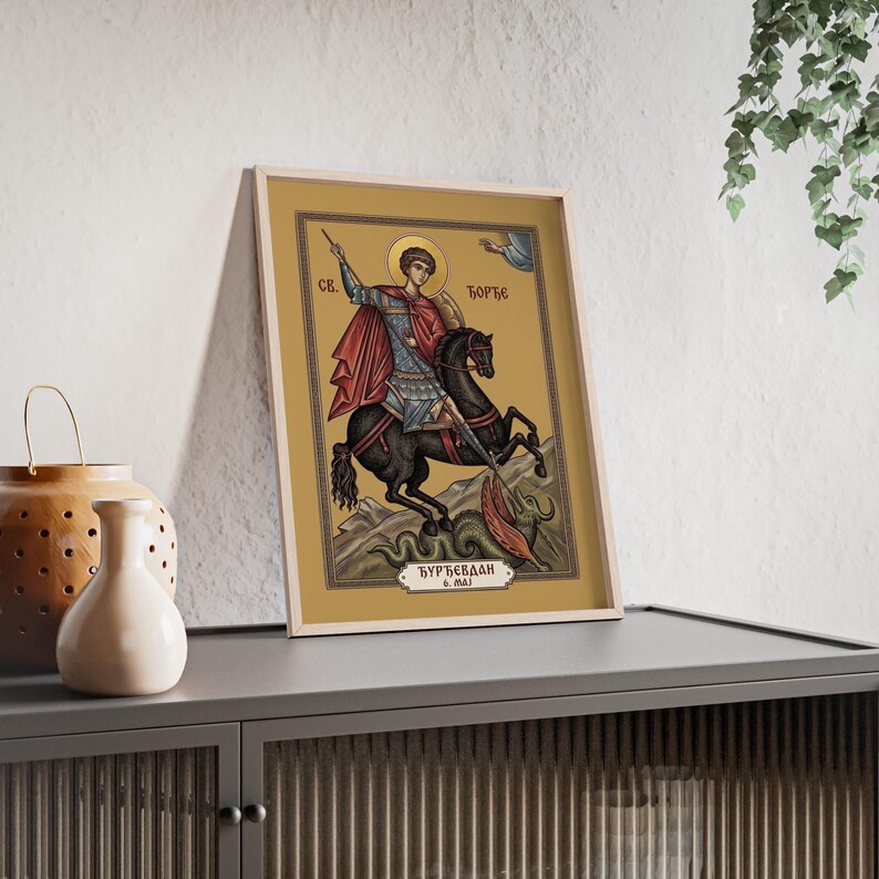 Ícone ortodoxo de São Veti Đorđe emoldurado, moldura de madeira natural, arte de parede do santo sérvio, pronto para pendurar. imagem 3