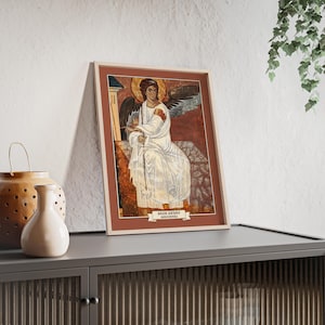 El Ángel Blanco de Mileševa, fresco enmarcado, Beli Anđeo, arte mural ortodoxo serbio, marco de madera natural, listo para colgar. imagen 3