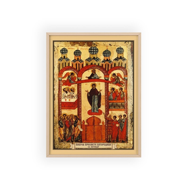 Pokrov Presvete Bogorodice (Pokrovice) Framed Orthodox Icon, Natural Wood Frame, Serbian Saint Wall Art, Ready to Hang image 1