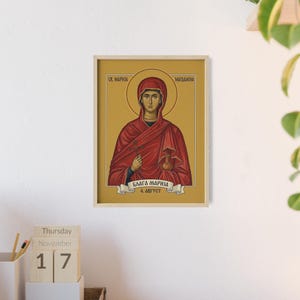 Ingelijste orthodoxe icoon van Blaga Marija (Sveta Marija Magdalena), lijst van natuurlijk hout, Servische heilige muurdecoratie, klaar om op te hangen. afbeelding 4