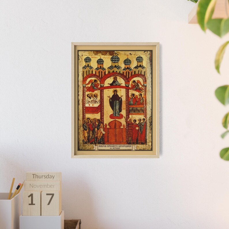 Pokrov Presvete Bogorodice (Pokrovice) Framed Orthodox Icon, Natural Wood Frame, Serbian Saint Wall Art, Ready to Hang image 4