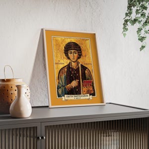 Sveti Pantelejmon (Saint Panteleimon) Framed Orthodox Icon, Natural Wood Frame, Serbian Saint Wall Art, Ready to Hang image 3
