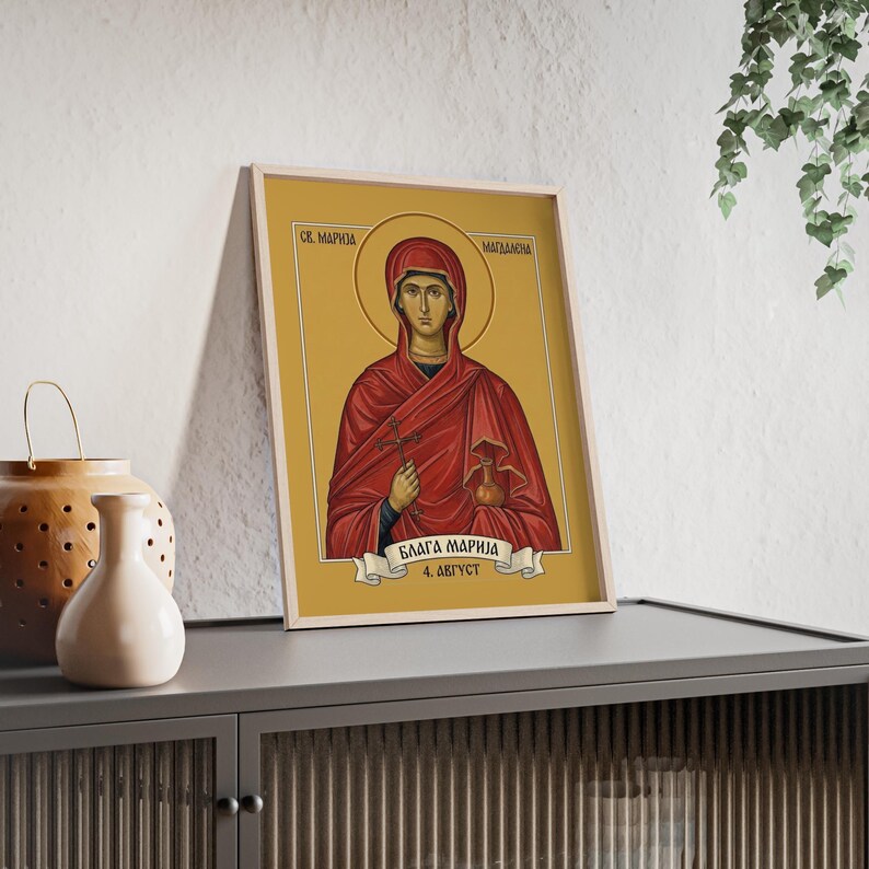 Ingelijste orthodoxe icoon van Blaga Marija (Sveta Marija Magdalena), lijst van natuurlijk hout, Servische heilige muurdecoratie, klaar om op te hangen. afbeelding 3