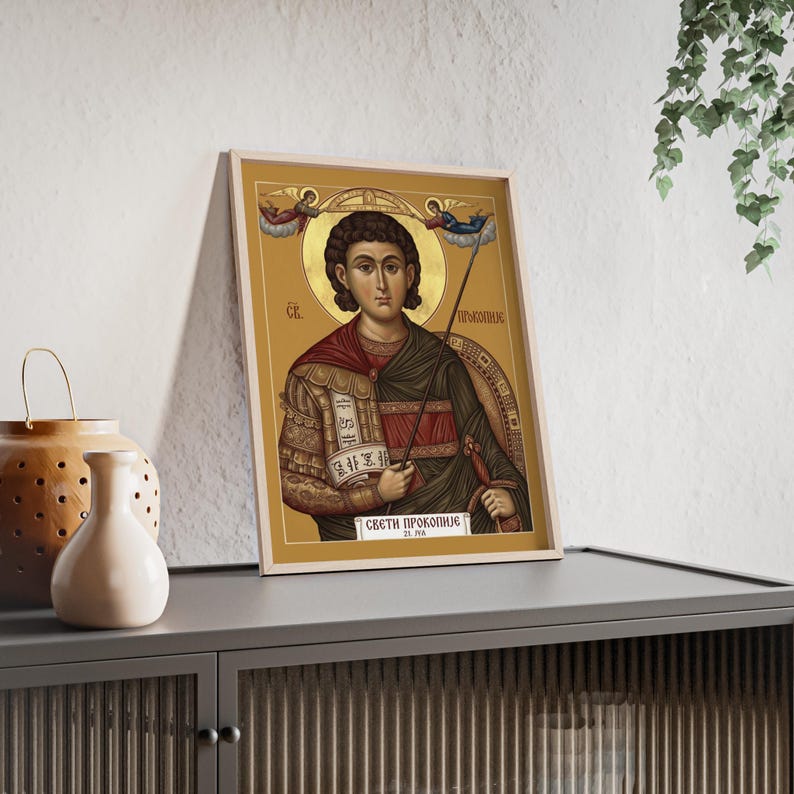 Sveti Prokopije Framed Orthodox Icon, Natural Wood Frame, Serbian Saint Wall Art, Ready to Hang image 3