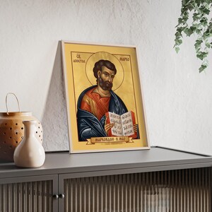 Icono ortodoxo enmarcado de Sveti Apostol i Jevanđelist Marko (Markovdan), marco de madera natural, arte mural de santo serbio, listo para colgar. imagen 3