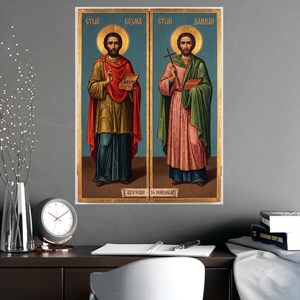 Sveti Kozma i Damjan Orthodox Icon Poster, Vračevi, Saints Cosmas and Damian, Serbian Saints Matte Art Print, Pravoslavna Ikona, Wall Art image 2