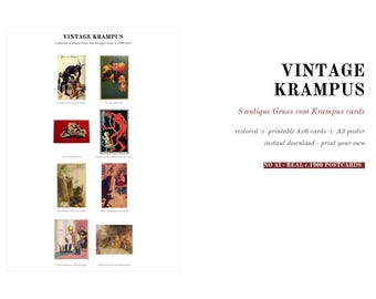 Postales antiguas de Krampus, 8 tarjetas de saludos antiguas de Krampus, arte mural imprimible del diablo navideño, descarga digital de Krampusnacht