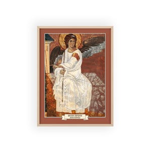 El Ángel Blanco de Mileševa, fresco enmarcado, Beli Anđeo, arte mural ortodoxo serbio, marco de madera natural, listo para colgar. imagen 1