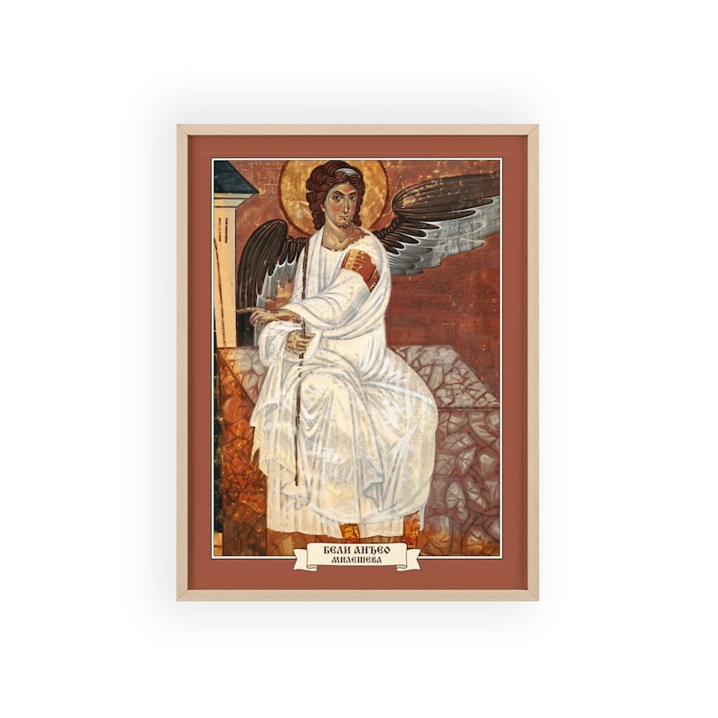 El Ángel Blanco de Mileševa, fresco enmarcado, Beli Anđeo, arte mural ortodoxo serbio, marco de madera natural, listo para colgar. imagen 1