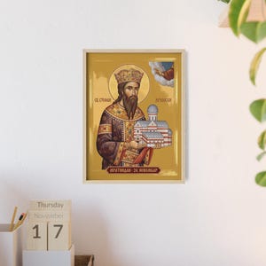 Ingelijste orthodoxe icoon van Sveti Stefan Dečanski (Mratindan), lijst van natuurlijk hout, Servische heilige wanddecoratie, klaar om op te hangen. afbeelding 4