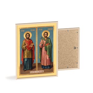 Sveti Vrači Kozma i Damjan (Vračevi) Framed Orthodox Icon, Natural Wood Frame, Serbian Saint Wall Art, Ready to Hang image 2