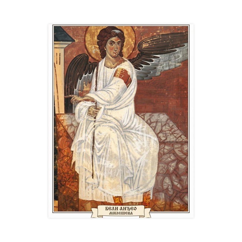 Affiche de l'Ange Blanc de Mileševa, reproduction d'une fresque orthodoxe serbe (Beli Anđeo), ange du XIIIe siècle, finition mate. image 1