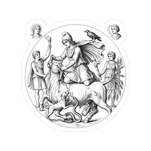 Tauroctony Sticker, Mithras Slaying the Bull, Roman Mystery Cult, Dark Academia Occult Vinyl Decal 3"x3"