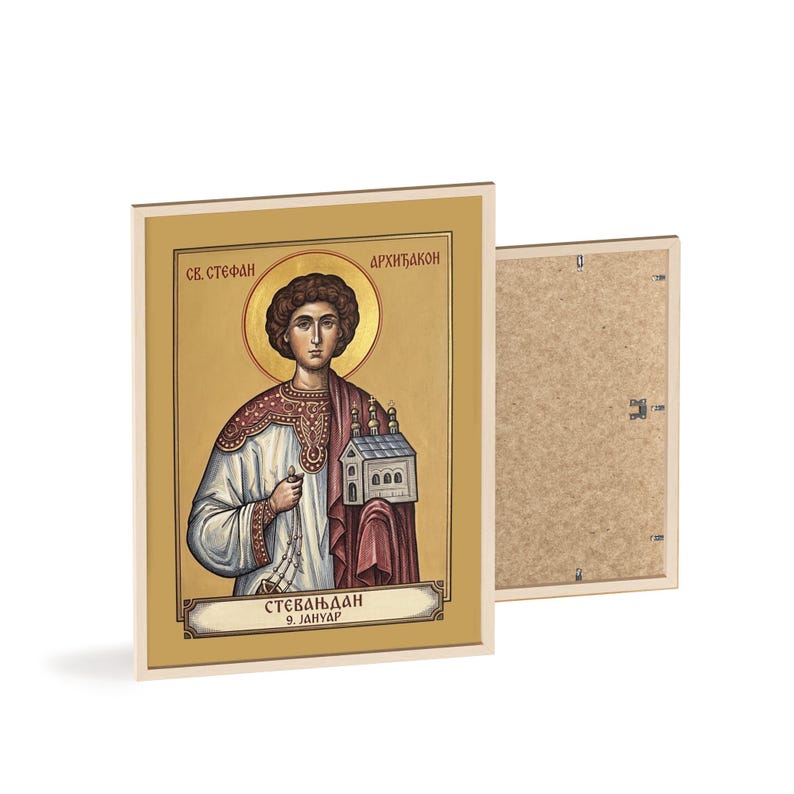 Sveti arhiđakon Stefan Framed Orthodox Icon, Natural Wood Frame, Serbian Saint Wall Art, Ready to Hang Bild 2