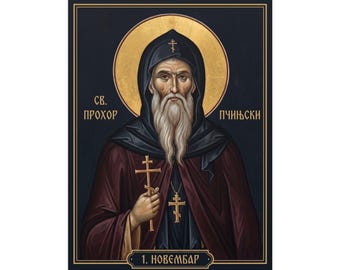 Poster dell'icona ortodossa di Sveti Prohor Pčinjski, San Prohor di Pcinja, Stampa artistica opaca del Santo eremita serbo, Pravoslavna Ikona, Arte della parete