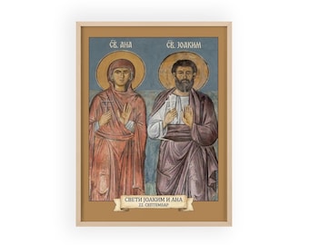 Sveti Joakim i Ana (Santi Gioacchino e Anna) Icona ortodossa incorniciata, cornice in legno naturale, arte murale serba, pronta per essere appesa