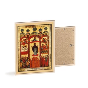 Pokrov Presvete Bogorodice (Pokrovice) Framed Orthodox Icon, Natural Wood Frame, Serbian Saint Wall Art, Ready to Hang image 2