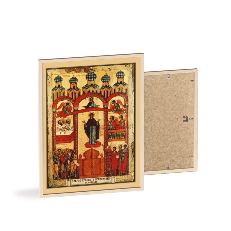 Pokrov Presvete Bogorodice (Pokrovice) Framed Orthodox Icon, Natural Wood Frame, Serbian Saint Wall Art, Ready to Hang image 2