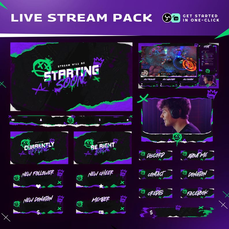 Grunge Gaming Twitch Overlay | Ripped Paper Animated Pack | Twitch YouTube Kick | Panels Alerts Transitions | OBS Streamlabs image 1