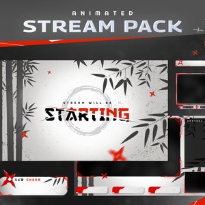 Tsushima Animated Stream Package-Twitch Graphic Gaming Overlay/Japanese Style/Shuriken Bamboo Design/Red and Grey theme/Streamlab Twitch Set
