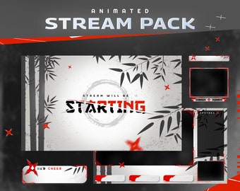 Tsushima Animated Stream Package-Twitch Graphic Gaming Overlay/Japanese Style/Shuriken Bamboo Design/Red and Grey theme/Streamlab Twitch Set