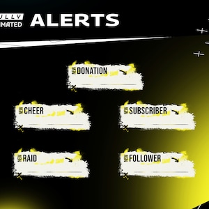 Vandalis More Animated Twitch Overlay Stream Alert/Ink Brush/Graffiti/Paint/Streamer Package/Alert/Panel/Transition/Yellow&White/Dark Theme