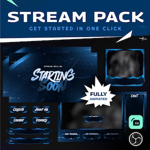Pode incluir: Um pacote de streaming Twitch animado em azul e preto com uma sobreposição 'Começando em breve', bate-papo, doações e alertas de seguidores. O pacote é totalmente animado e inclui uma variedade de elementos para ajudar os streamers a criar uma transmissão profissional e envolvente.