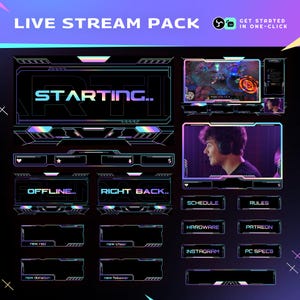 Puede incluir: Diseño gráfico digital para superposiciones de transmisión en vivo. El diseño presenta un fondo negro con acentos de neón azul, morado y rosa. El texto incluye "LIVE STREAM PACK", "STARTING..", "OFFLINE..", "RIGHT BACK.." y otras etiquetas.