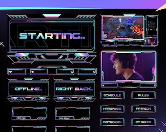 Pakiet nakładek Hologram Nexus Stream | Futurystyczne neonowe animowane alerty, panele, przejścia