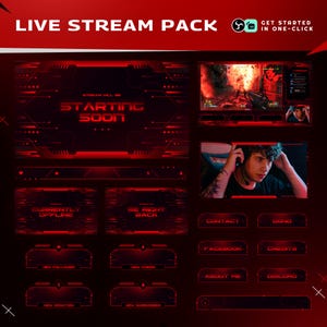 May include: A red and black graphic design for a live stream pack. The pack includes various overlay elements such as "Starting Soon" screen, "Currently Offline" screen, and social media buttons. The text "LIVE STREAM PACK" is at the top.