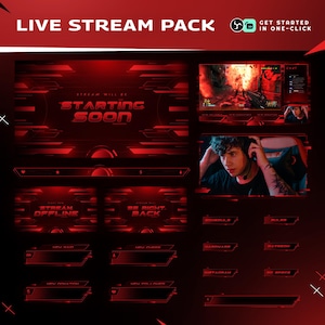 May include: A red and black Live Stream Pack graphic with the text "LIVE STREAM PACK" at the top. The pack includes various overlay elements, such as "Starting Soon" screen, stream offline screen, and social media buttons. A gamer is visible in the image.
