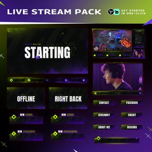 Paquete de transmisión verde neón y azul / Superposición animada a mano alzada / Kick de Twitch y YouTube / Transiciones de paneles de alertas / OBS Streamlabs
