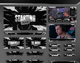 Blizle Animiertes Twitch Overlay Paket Bundle/Abstraktes Thema/Übergang/Dunkles Thema/Modernes futuristisches Design/Schwarz Weiß/Luftschlangen Paket