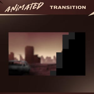 May include: An animated transition graphic with the words "ANIMATED" and "TRANSITION" in white. The background features a blurred cityscape in shades of red and brown, with a black stepped shape on the right.