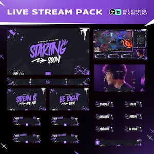 Pacote de sobreposição animada Ink Space para Twitch/Tema escuro/Abstrato/Pacote de transmissão/Sobreposição para Twitch/Pintura/Cores roxas e pretas/Painel da Twitch